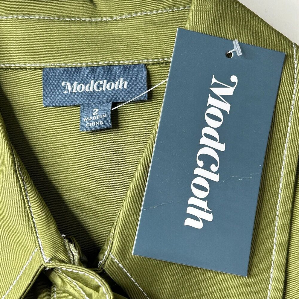Modcloth Retro Mini Shirt Dress Belted Button Up Short Sleeve Green Women 2 NWT - Picture 2 of 11